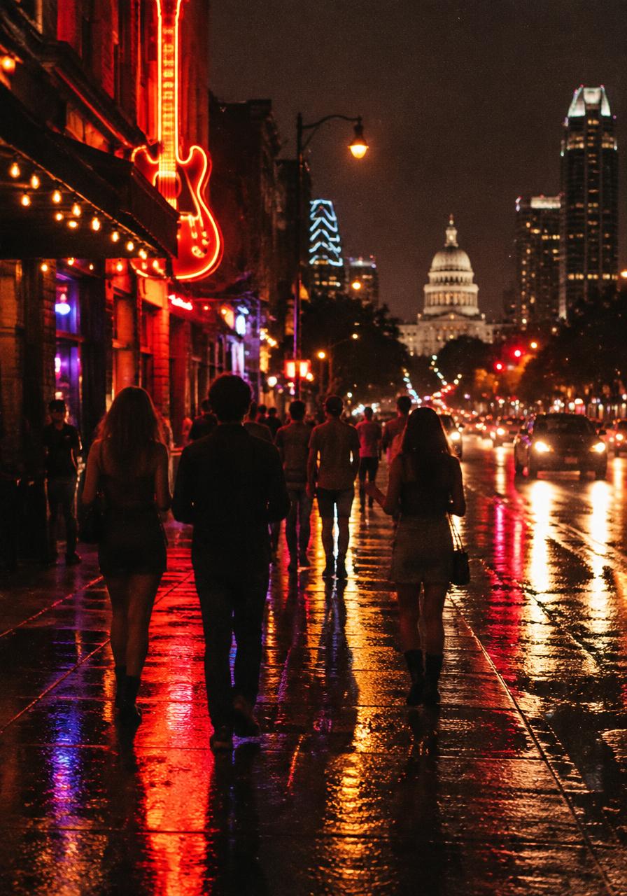 Austin street at night with neon reflections on wet pavement