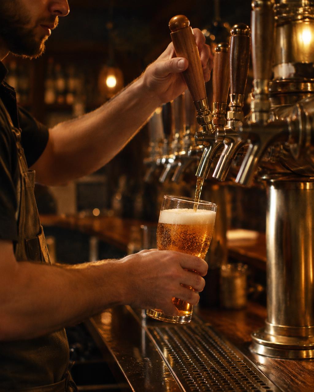 Bartender pouring a fresh craft beer from brass taps