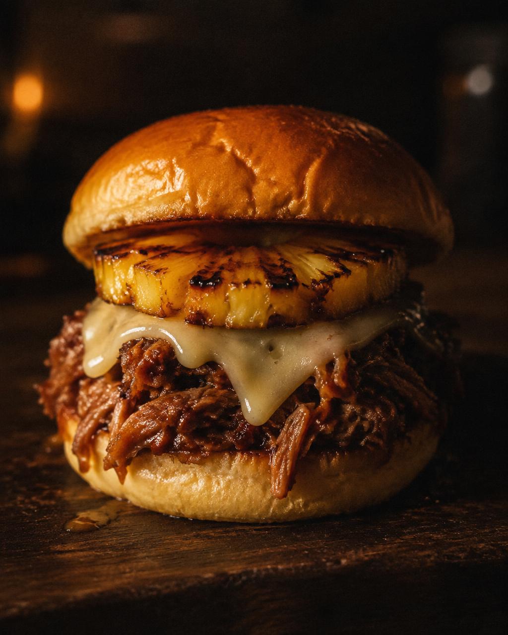Aloha burger with pulled pork, grilled pineapple and melted Swiss