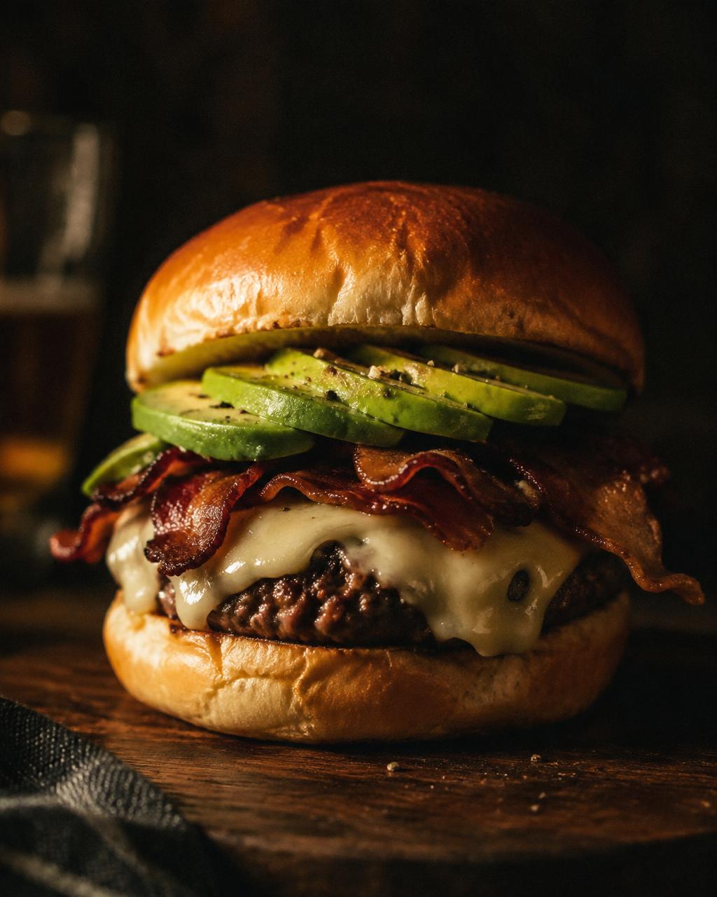 Cali burger with sliced avocado, bacon and Swiss cheese