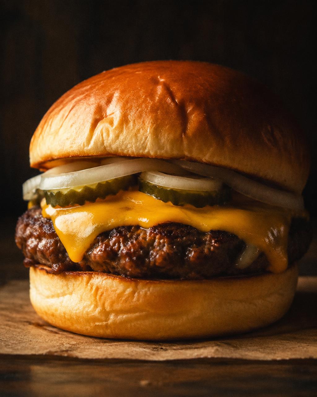Original Fourth cheeseburger with melted cheese, pickles and onion on a milk bread bun