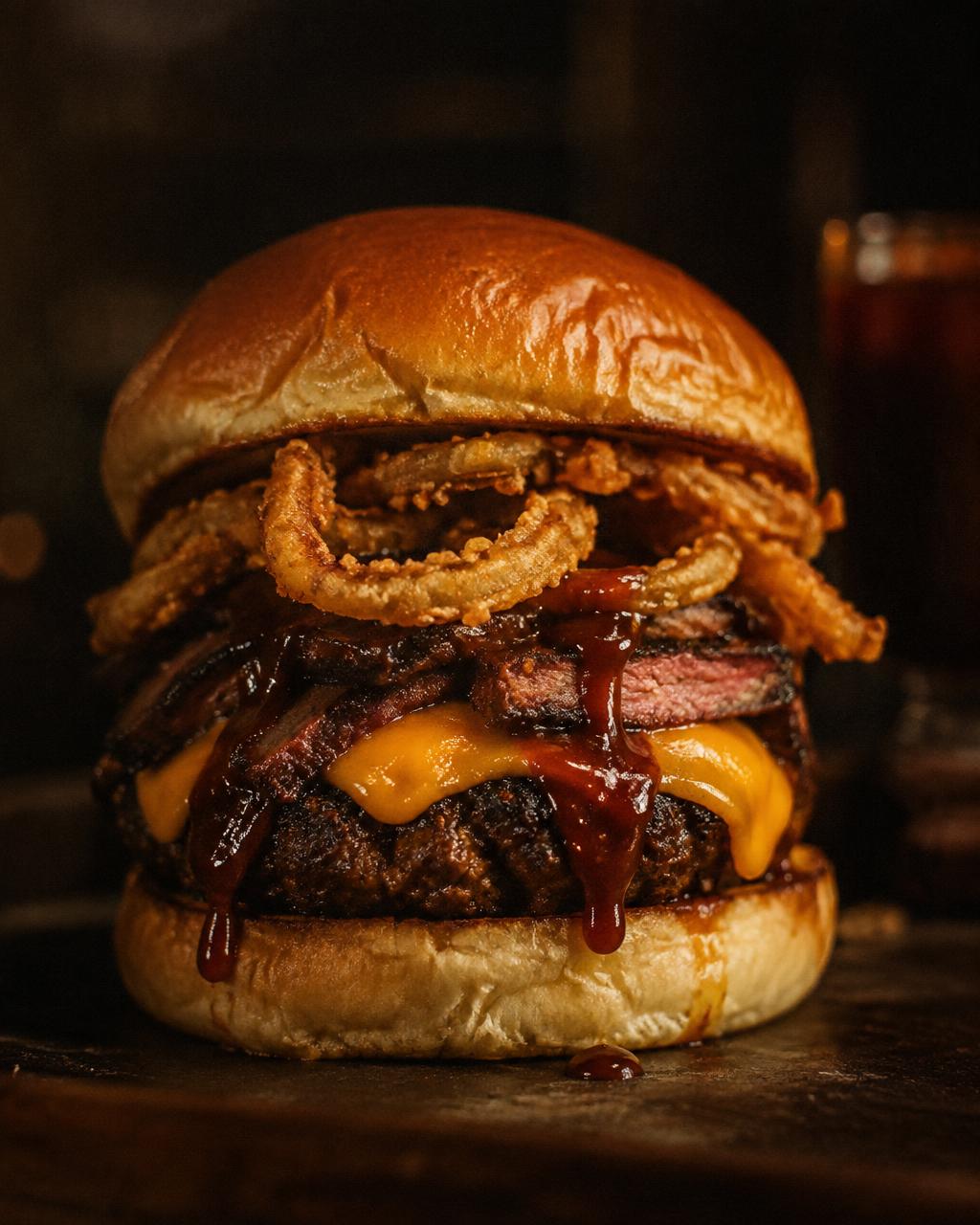 Smokehouse burger with crispy onion rings, cheddar and BBQ sauce