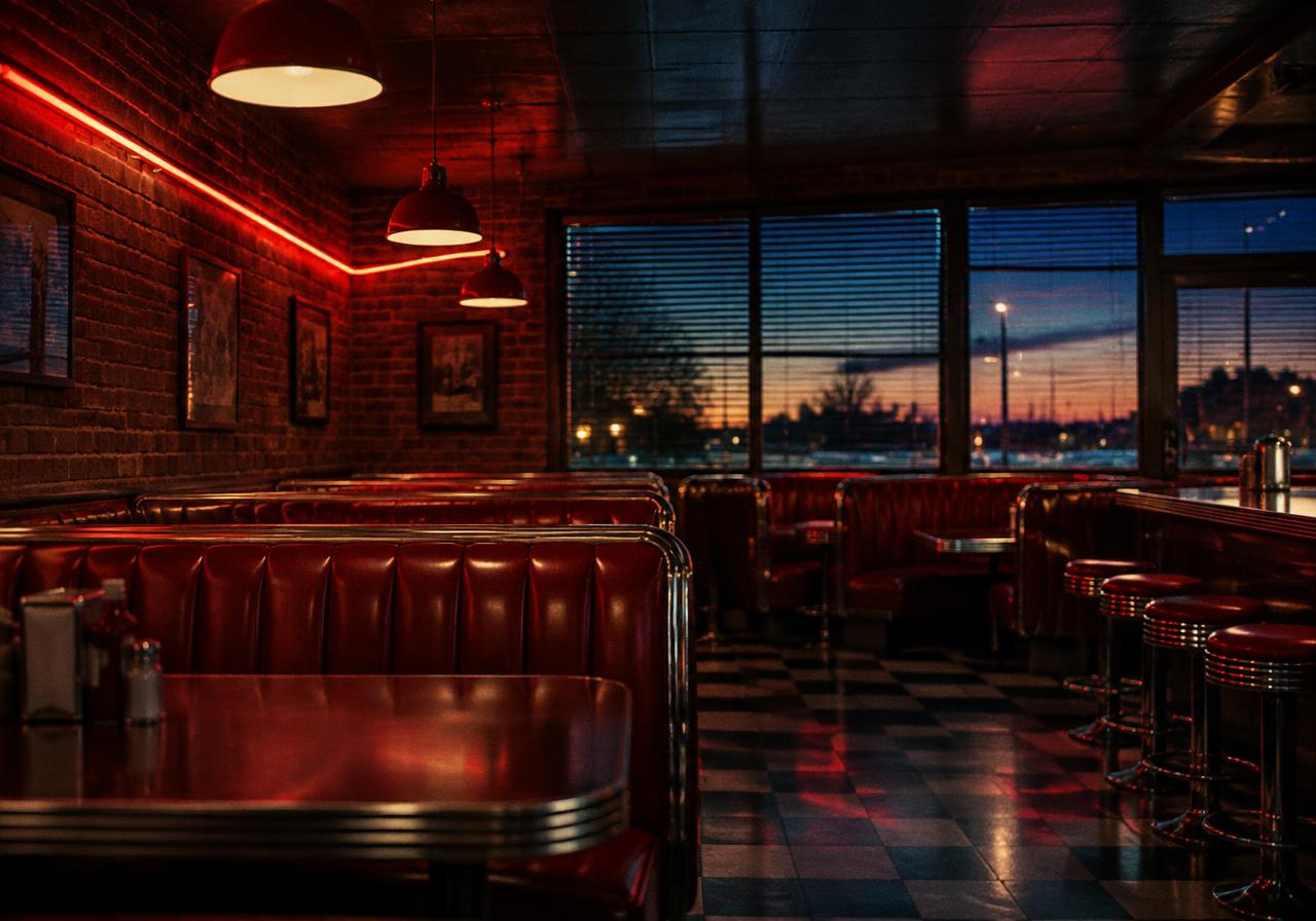 Red vinyl diner booths under neon light