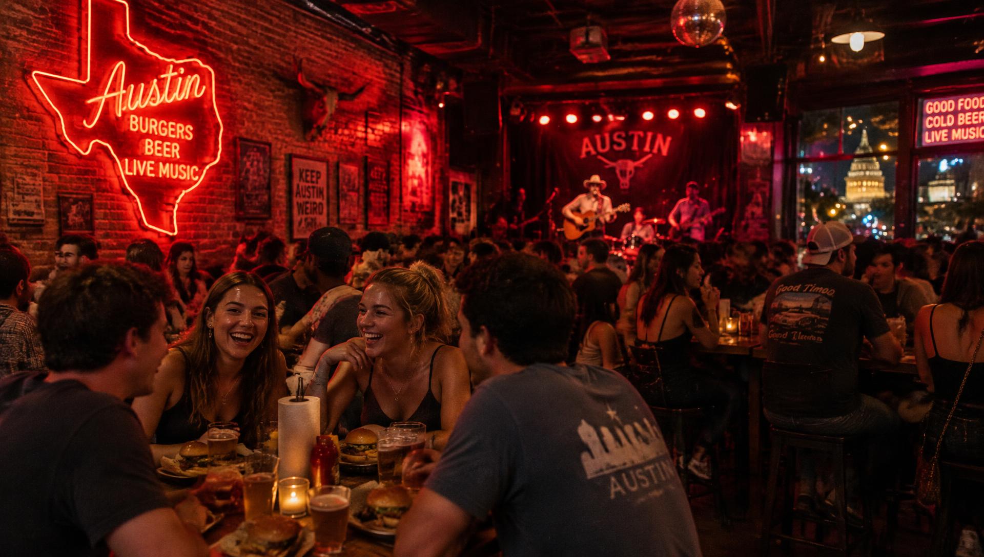 Friends laughing over burgers and beer in a packed neon-lit bar with a band playing